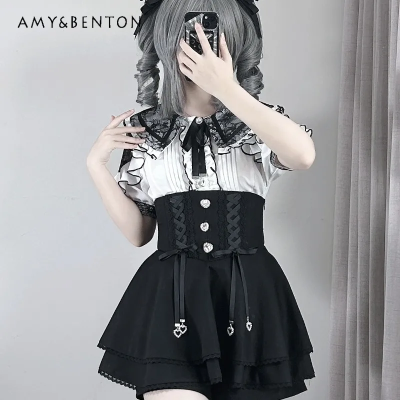 Dubbele Strik Pop Kraag Japanse In Massa Geproduceerde Patchwork Kleur Korte Mouw Zomer Zoete Leuke Lolita Veelzijdige Shirts