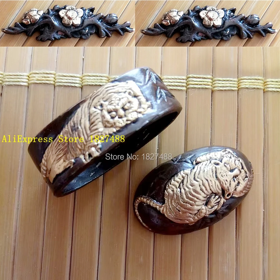 Um conjunto de cobre tigre menuki fuchi kashira tsuka acessórios japonês katana wakizashi tanto espada alça acessório diy