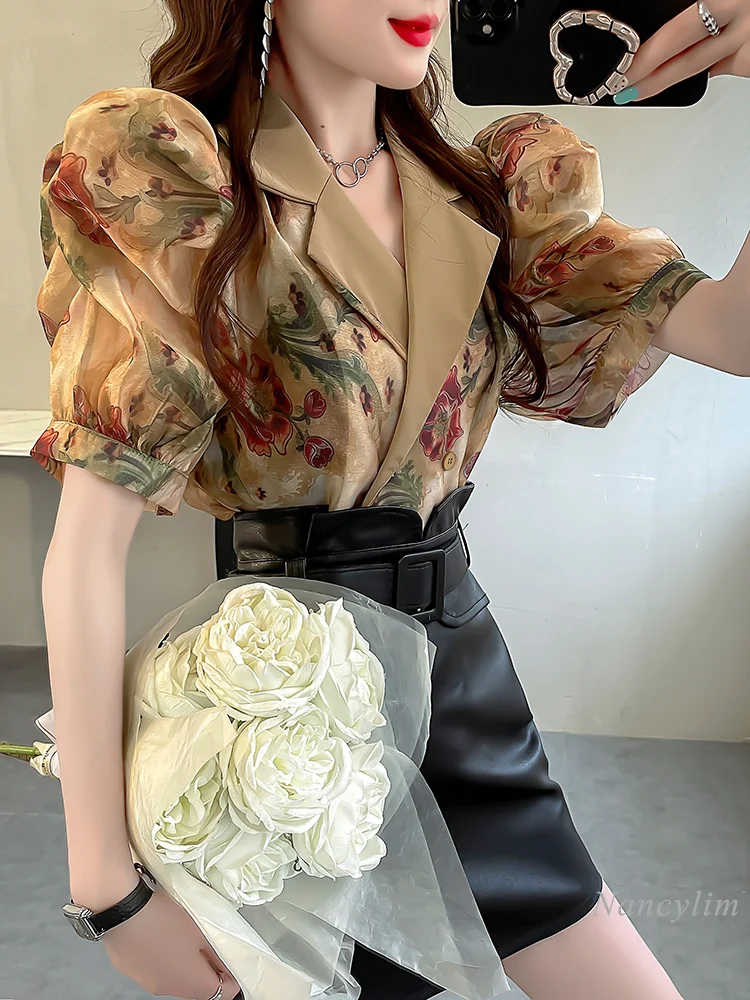 Short Puff Sleeve Flower Shirt Women\'s Design Sense Niche Vintage Printed Khaki Top High Sense Suit Collar Blouse Summer Blusas