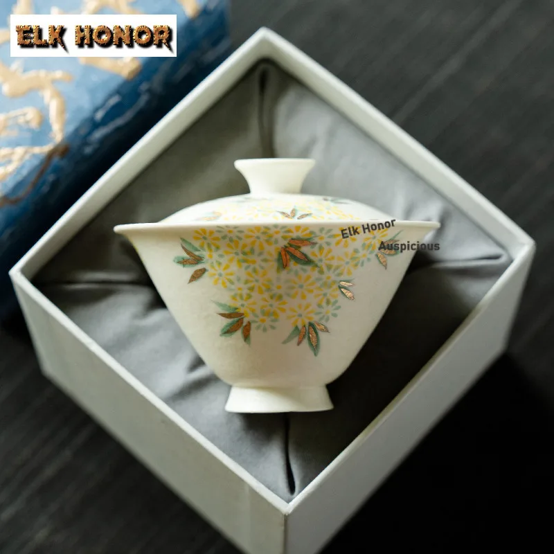 

110ML Rock White Hand-painted Daisy Gaiwan Aesthetic Tea Tureen Tea Bowl with Lid Kit Tea Maker Cover Bowl for Tea Decoration