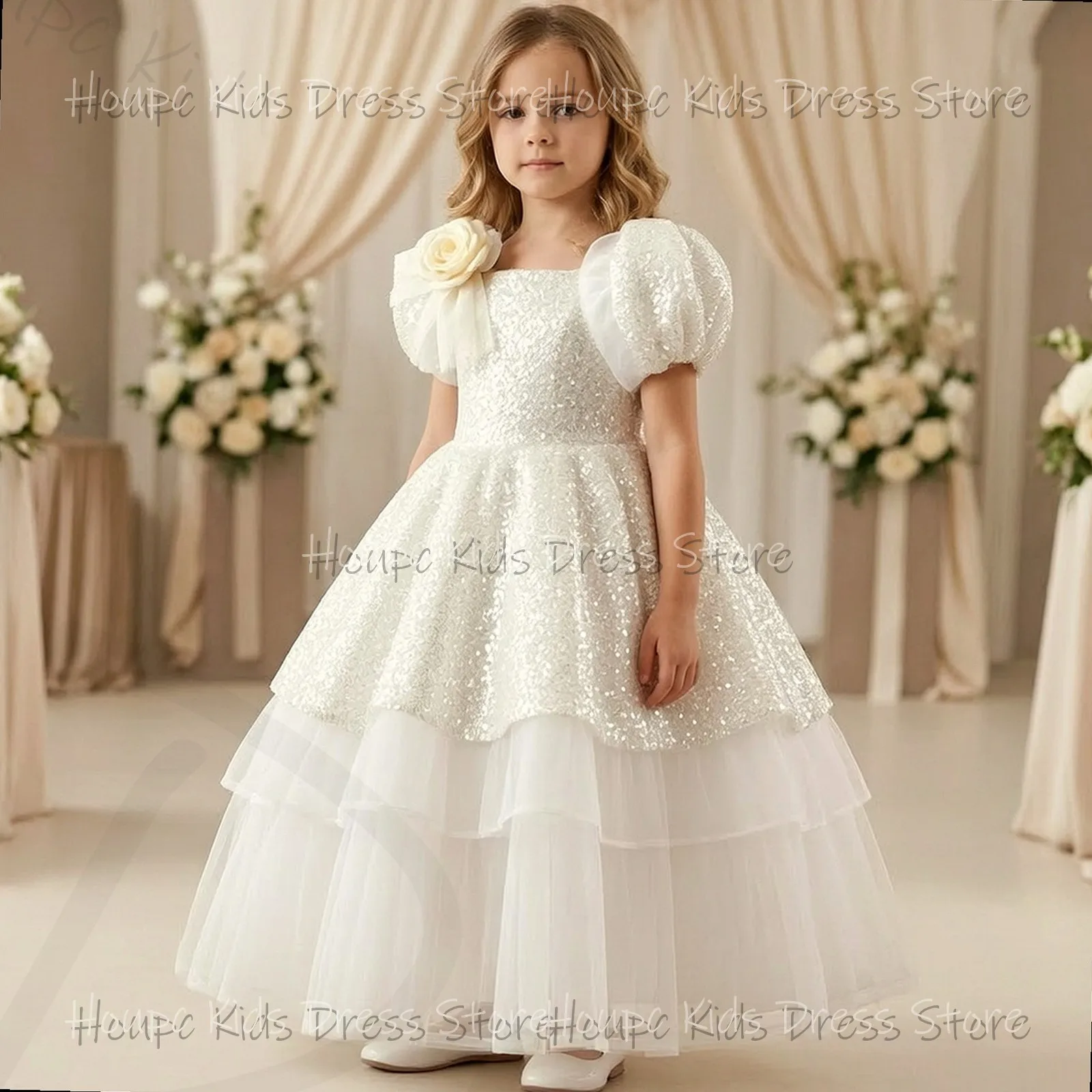 Wedding Custom Flower Girl Dresses Princess Style Organza Sequined Puff Sleeve Knee-Length Birthday Party Evening Party