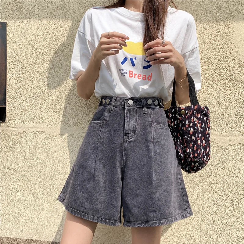 ارتفاع الخصر فضفاضة تناسب خمسة بوصة الدنيم orts المرأة حجم كبير الكورية Sle الخريف 2025 واسعة الساق منتصف طول السراويل