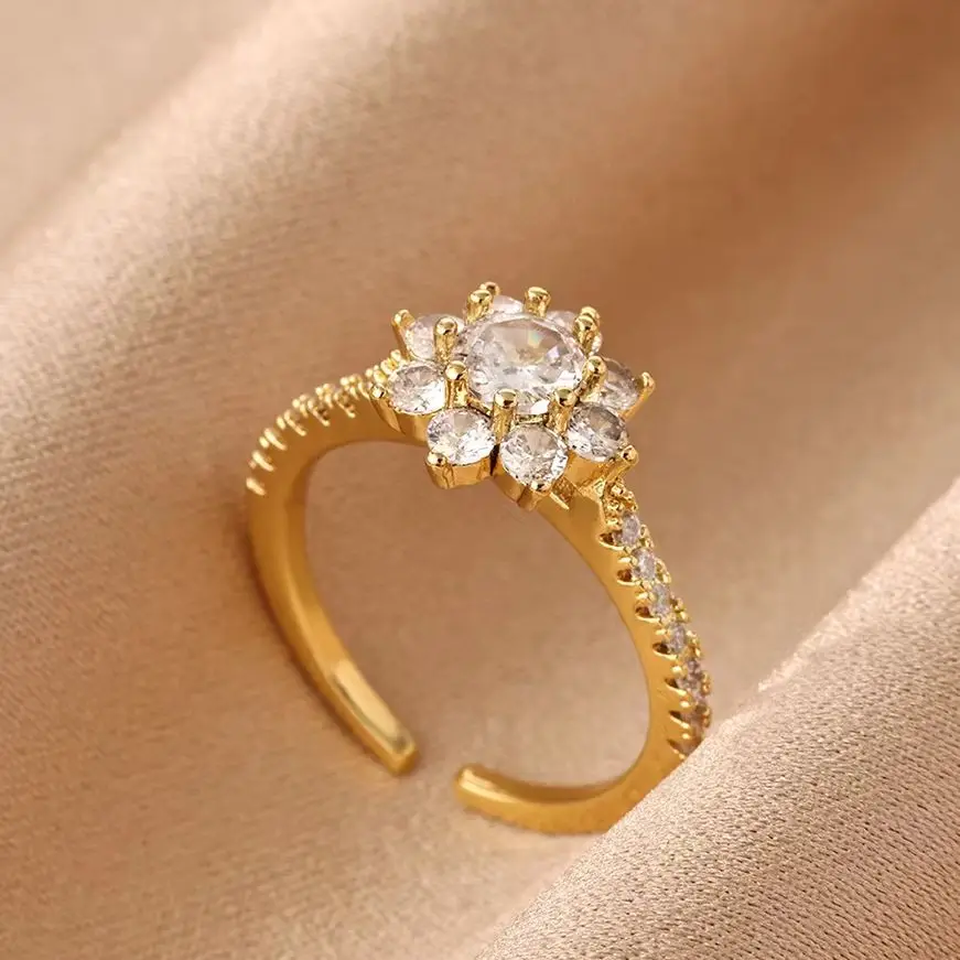 Elegante Zirkon-Sonnenblumenringe für Frauen, goldfarben, Edelstahl, Sonnenblumen-verstellbarer Ring, Braut- und Hochzeitsschmuck, Geschenk