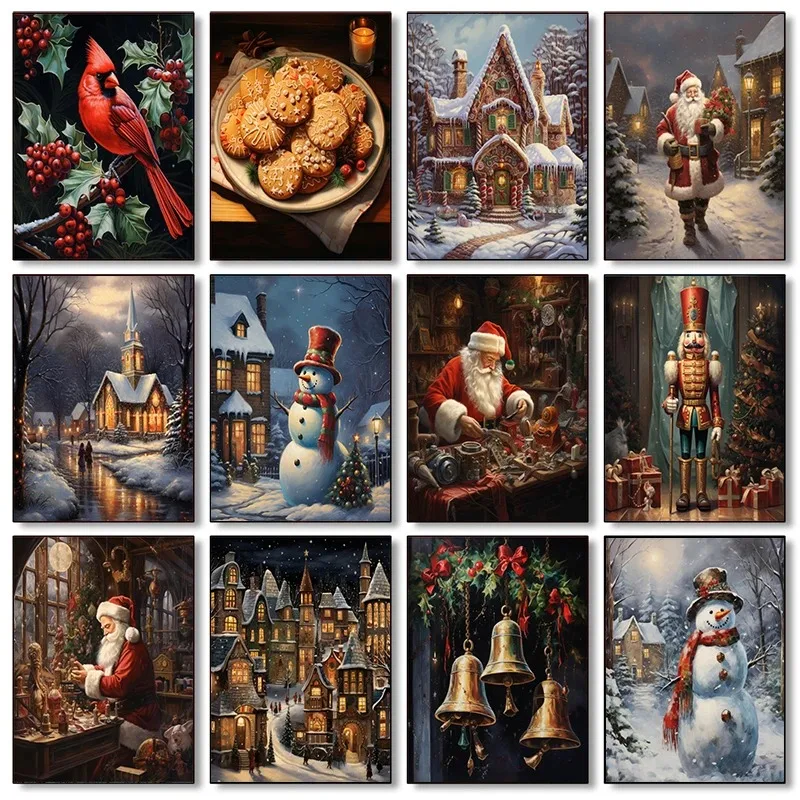 Winter Christmas Presents Gingerbread House Elk Snowman Santa Claus Poster Canvas Paintings Wall Art Pictures Home Decor