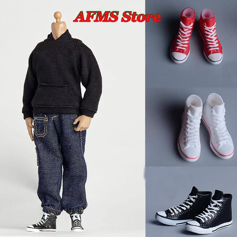 1/12 Men Soldier Hooded Pullover Set Hip Hop Sports Sweatshirt Loose Jeans High Top Canvas Sneakers Fit 6inch Action Figure Toys