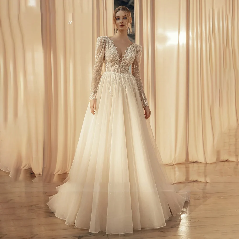 New Delicate Glistening  A Line Wedding Dresses Sexy Tulle O-neck  Long Sleeve Beading Bridal Gowns Customized Party Clothing