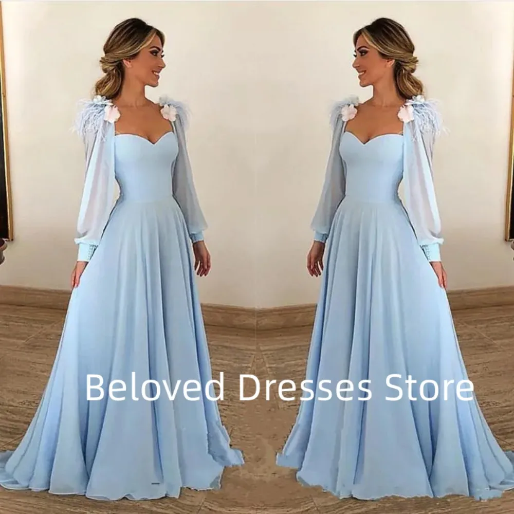 Vestido de noche azul cielo, vestido de bola, calcomanía de sirena con cuello en V, corbata de plumas, talla grande, manga larga personalizada, ilusión ajustada