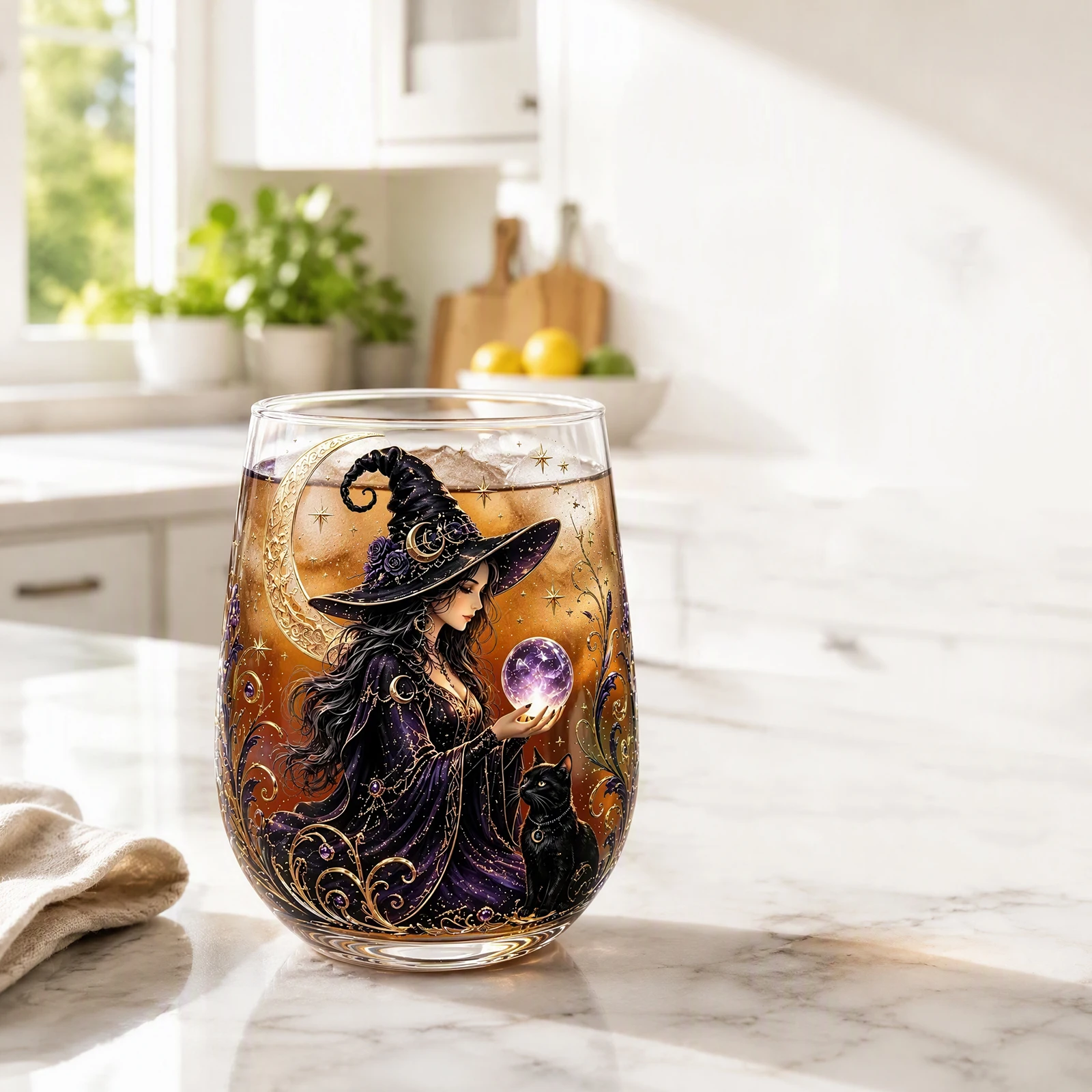Crystal Ball Fantasy Glass Tumbler Witch Moon Star Pumpkin Potion Stemless Occult Halloween Cocktail Cup