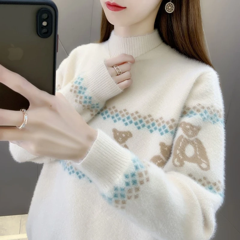 

Mink Fur Sweater Women's New Autumn and Winter Korean Version Loose Inner Half High Neck Knitted Base Sweater