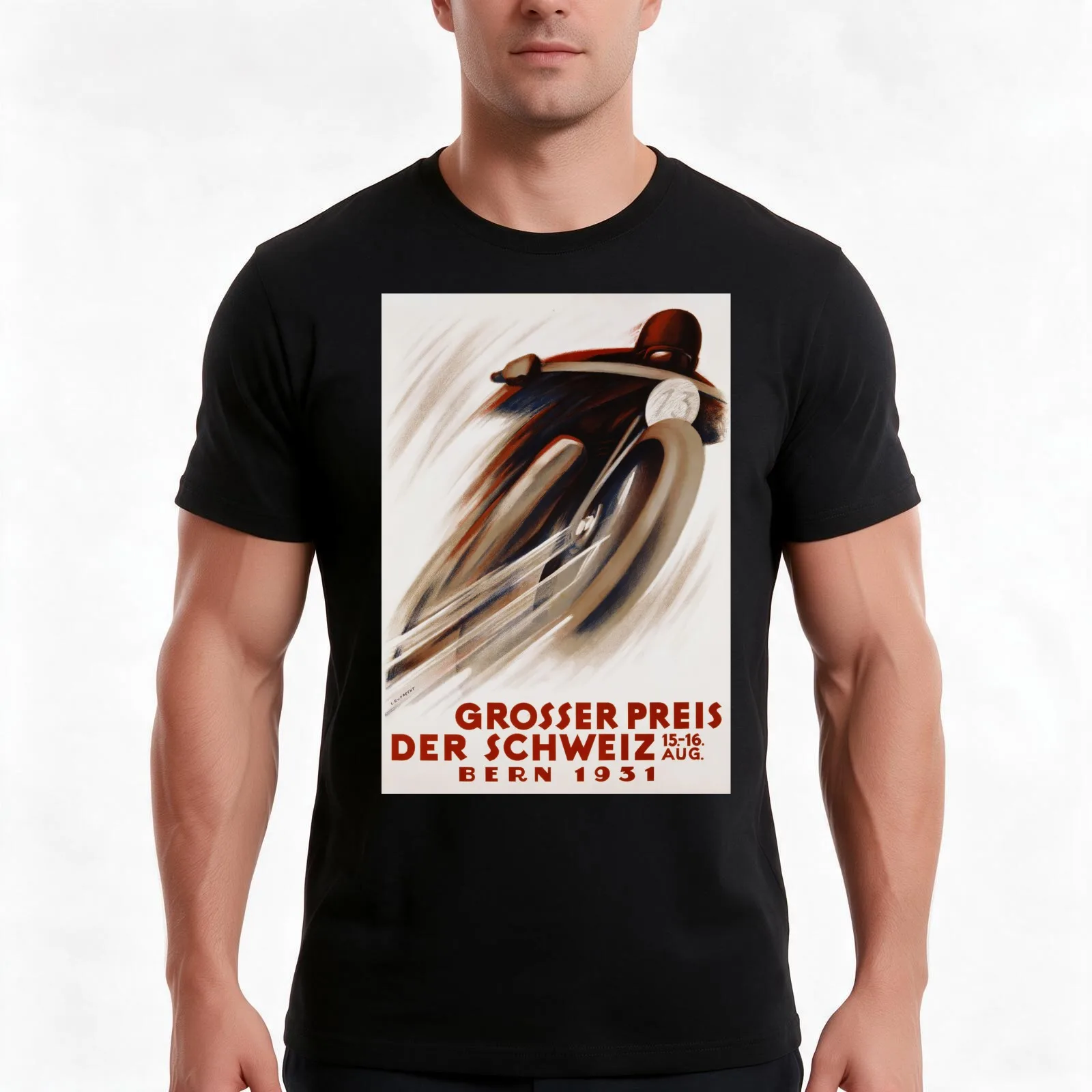 Art Deco Swiss motorcycle advert motor sport T-Shirt, Summer Casual Cotton Tee, Oversized Streetwear Tops, Vintage Graphic Print