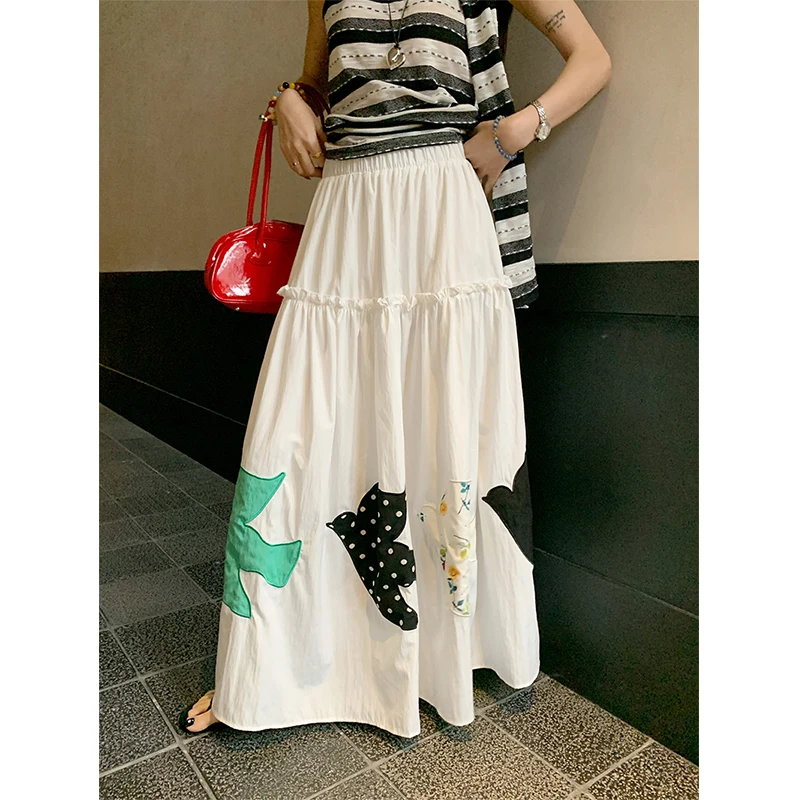 MEXZT Streetwear White Midi Skirt Women Fashion Harajuku Print Skirts Summer Korean High Waist Casual Design A Line Faldas New