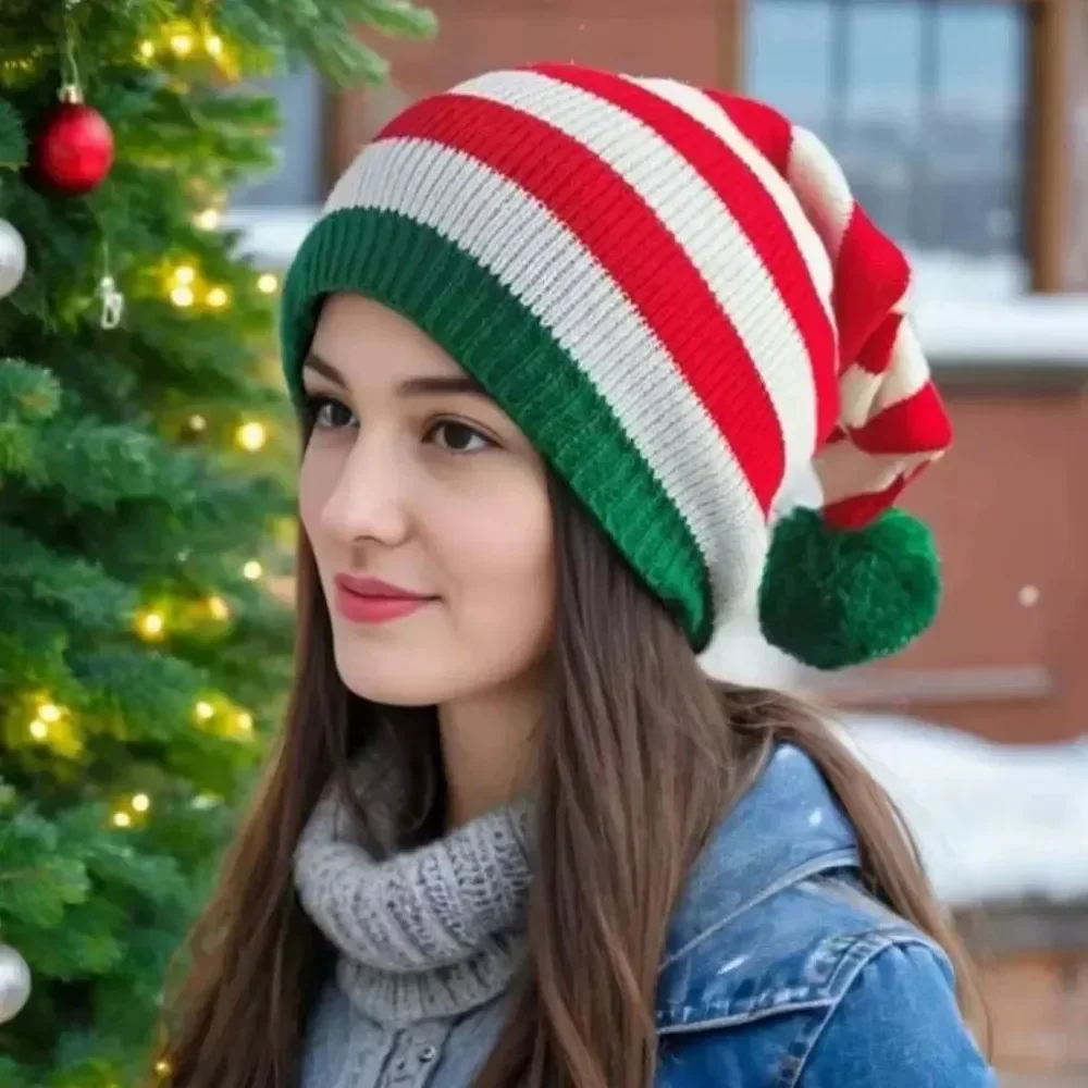 Adult Kid Winter Christmas Hat Red Green Color with Pompoms Knitted Beanie Hat Christmas Decoration Thickened Winter Warm Hat