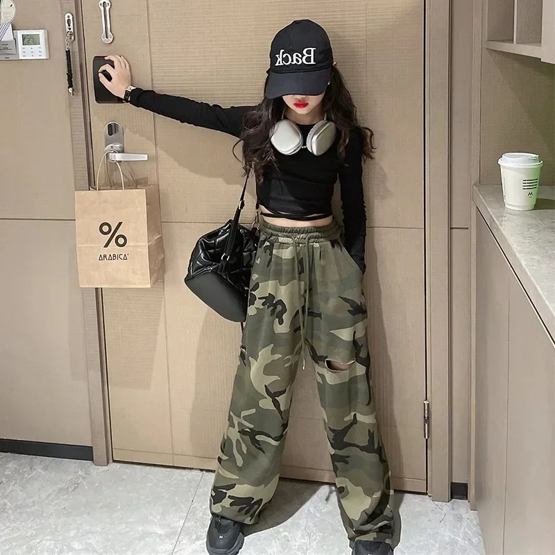 Girls Camouflage Sets Fashion Hip Hop Tops Cargo Pants Two Piece School Teenager Children Dance Costume 12 14 Years Kids Clothes