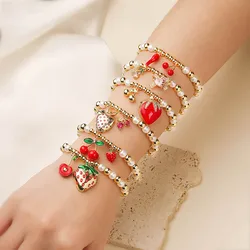 HECHENG, New Fashion Y2K Exquisite Sweet Beaded Elastic Red Strawberry Cherry Bracelet Girl Party Birthday Jewelry Gift