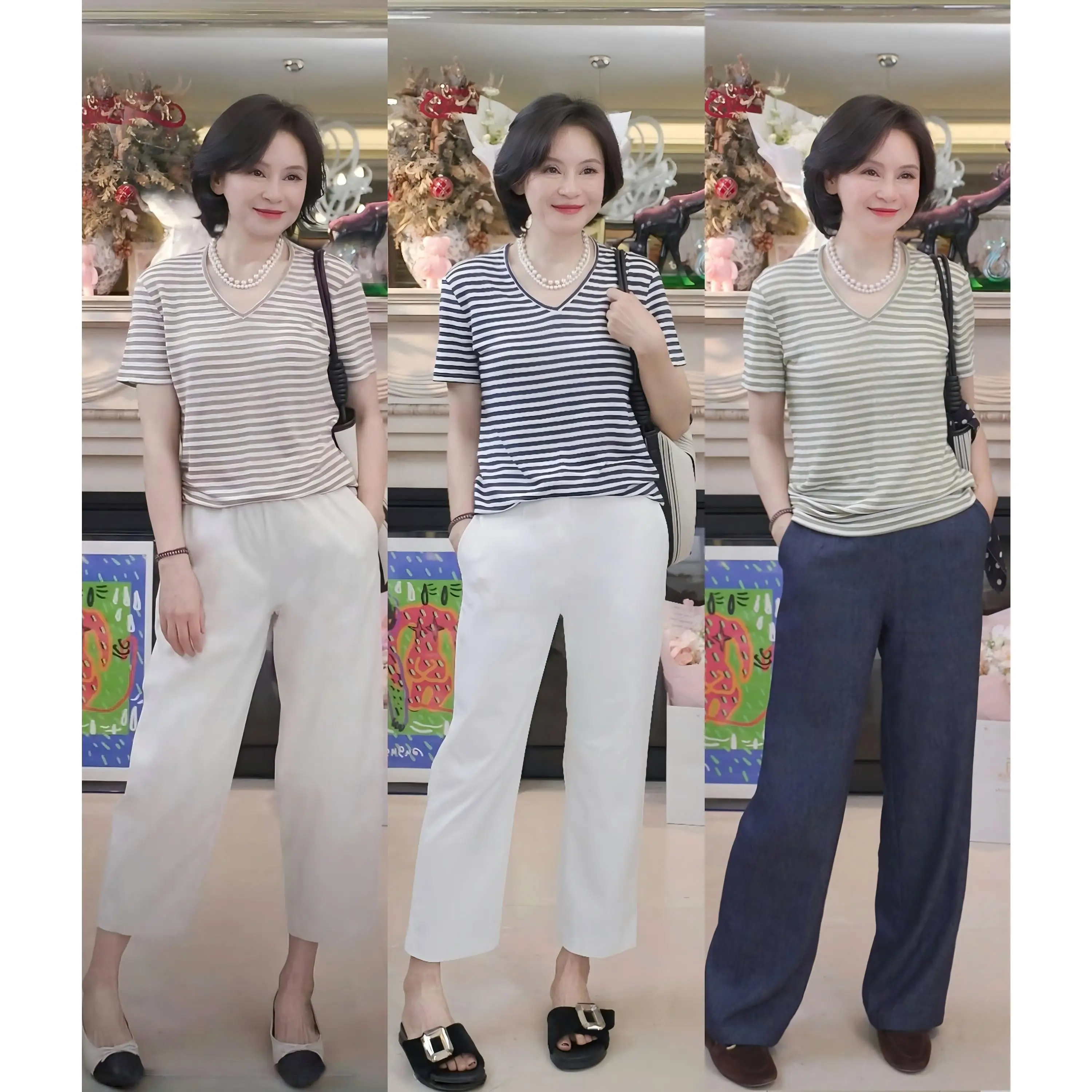 

Faionable Striped V-Ne Linen Cotton ort Sve T-irt Summer Commute Sle Classic Pattern Wet-Dry Function Regular Fit