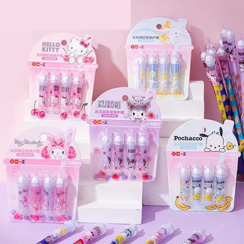 Sanrio Anime Mymelody Cinnamoroll Pochacco kuromi Ice Cream Shape Pencil Cap Cute Pencil Protective Cover Set Stationery Gift