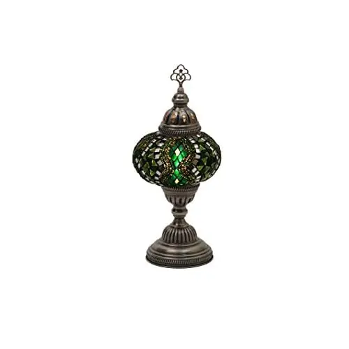 LaModaHome English Moroccan Handmade Mosaic Glass Table Lamp Light with Decorative Dark Copper Fixture for Bedroom, Livingroom a