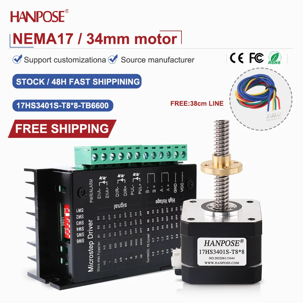 

NEMA17 output screw stepper motor 17HS3401S-T8*8+TB6600drive 1.3A 100-400mm trapezoidal screw trapezoidal thread