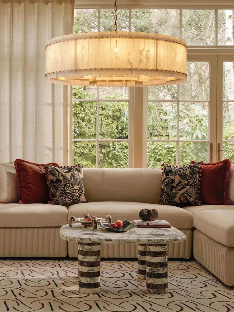 

2025 Luxur Trendy American Round Natural Marble Chandelier Lighting Lustre Para Sala Estar Alabaster Hanging Lamp Living Room
