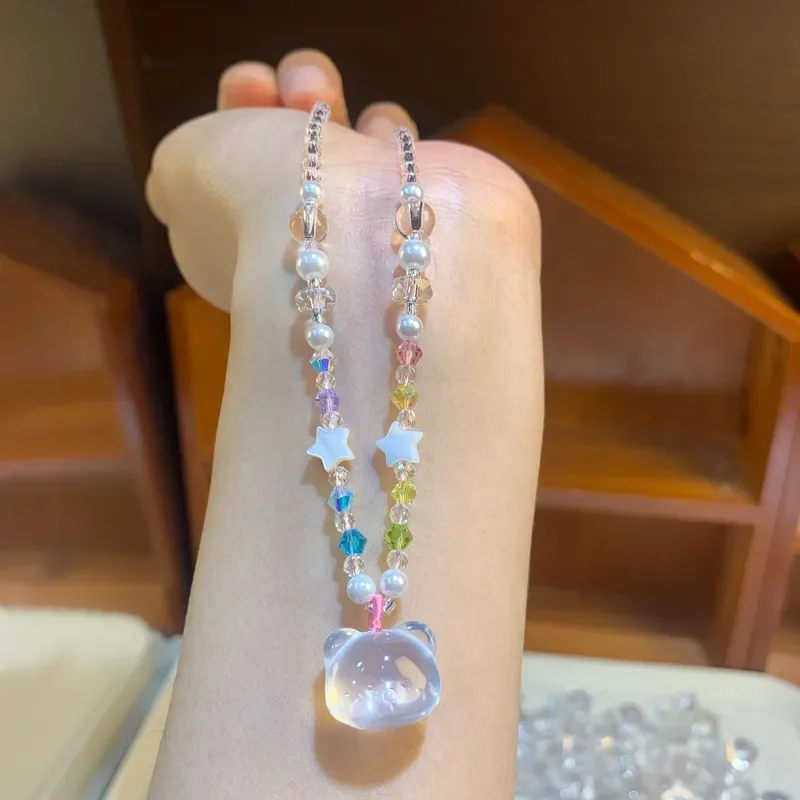 Crystal Necklace Ice Powder Powder Crystal Milk White Bear Pendant Neck Chain Cute Small Fresh Bead Chain