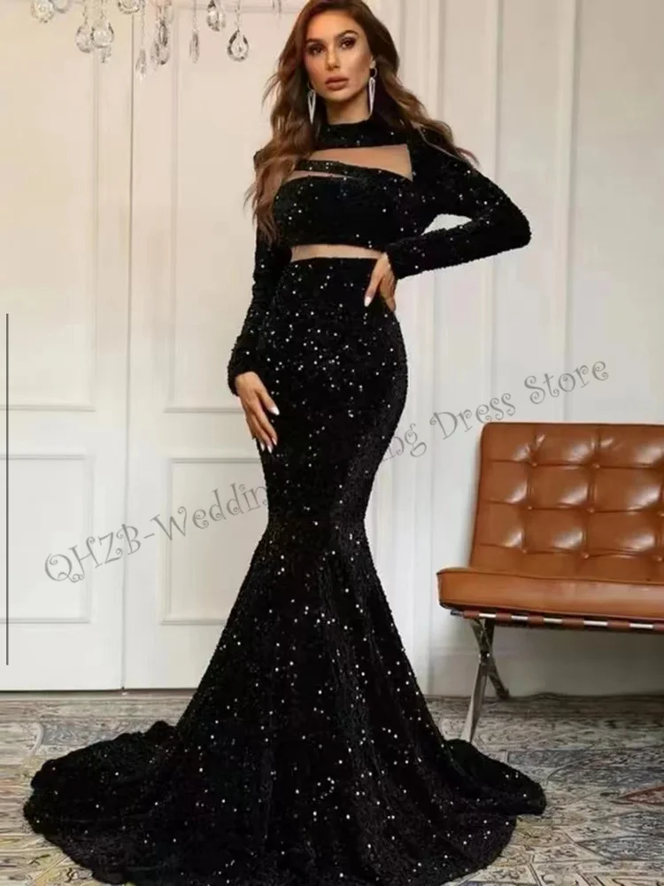 Mode sexy O-Ausschnitt schwarz Court Zug Langarm Pailletten Crop Top Meerjungfrau/Trompete formelle Abendkleider