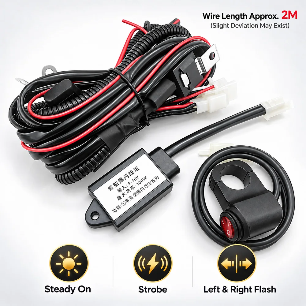 Motorcycle LED Auxiliary Driving Light Wiring Harness Kit 3 Modes Steady On Strobe Alternating Flash with Switch Relay for ATV