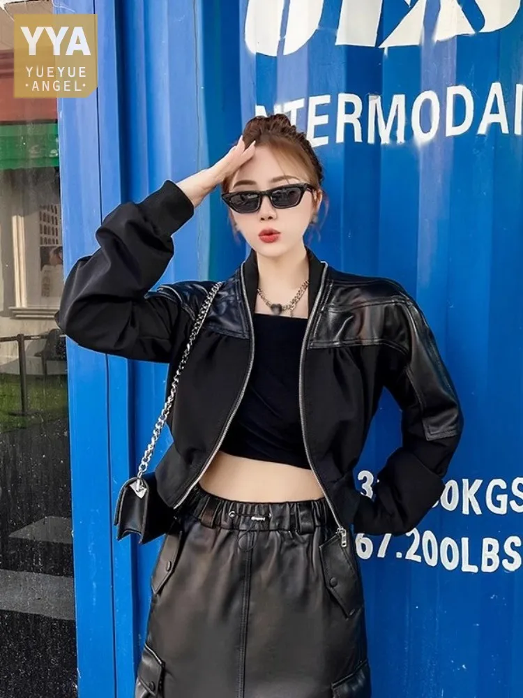 High Street Women Stand Collar Patchwork Genuine Leather Jacket Fashion Slim Fit Spring Autumn Long Sleeve High Waist Short Coat