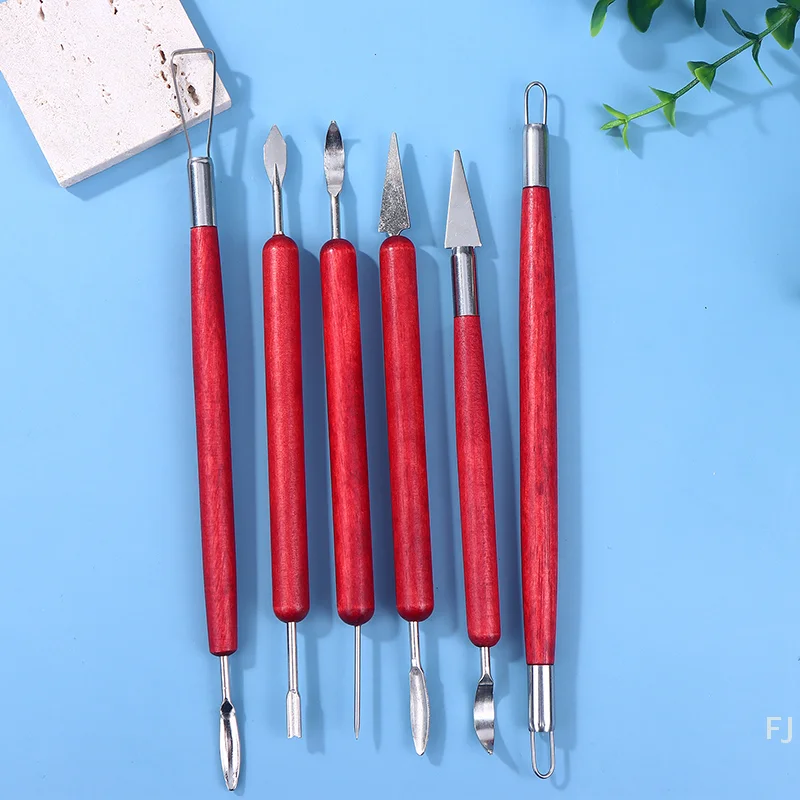 

[YU] 6 шт., двухсторонний нож для резьбы с ручкой из красного дерева, керамические инструменты, инструменты для лепки из полимерной глины для ремонта глины, керамический инструмент