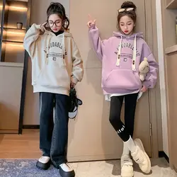 2026 spring winter Plus velvet Girls Hooded clothes spring Kid Sweatshirt Child teenager letters long loose dress 5 7 8 12 year