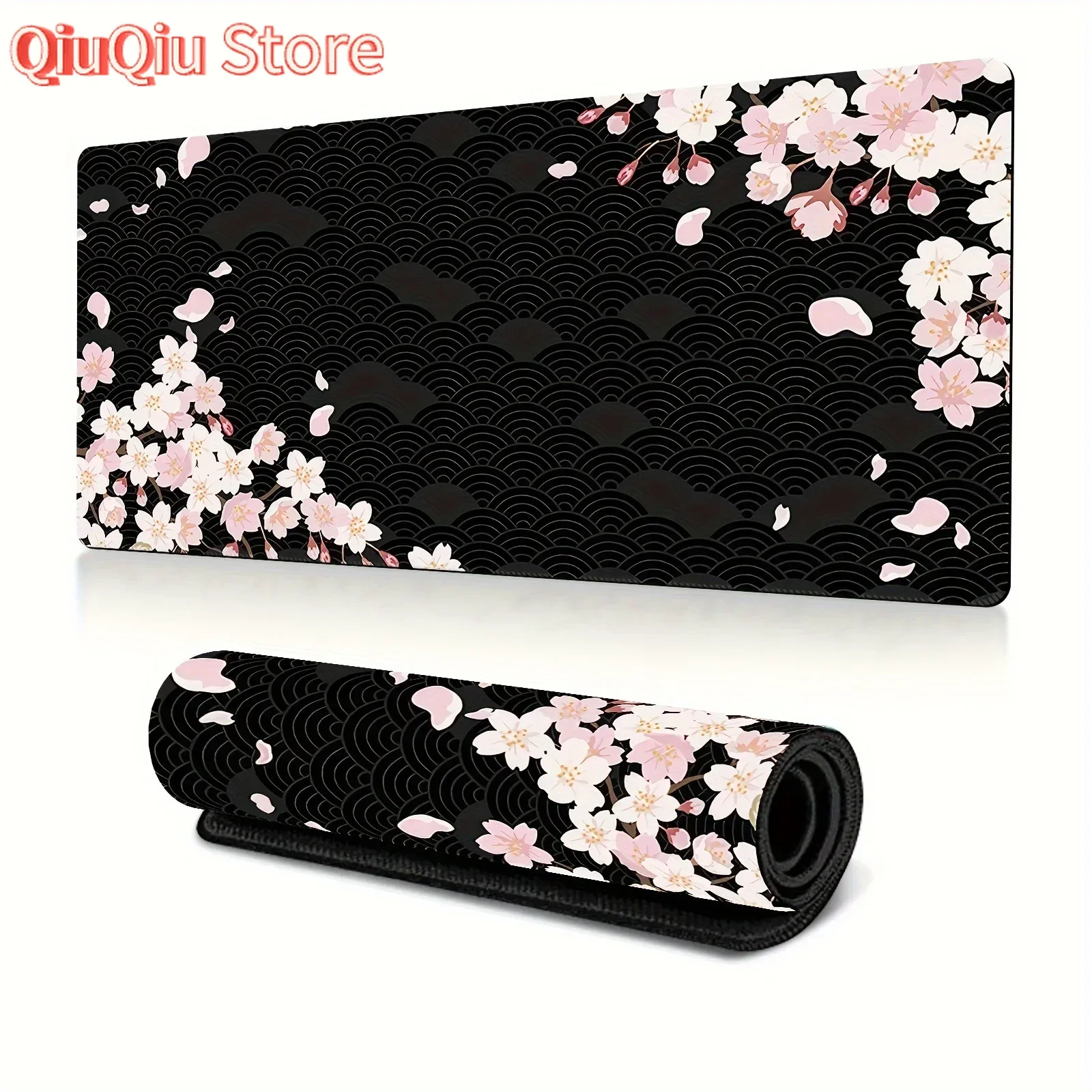 XXL Oversized cherry blossom black mouse pad thickened non-slip rubber pink and white floral pattern keyboard mat desk decor rug