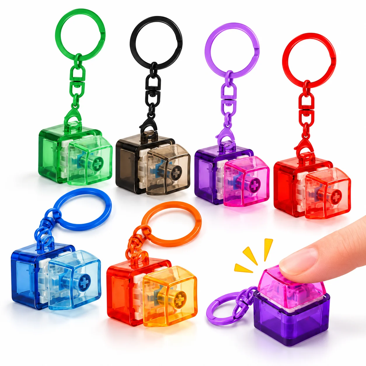 Transparent Mechanical Key Switch Keychain, Fidget Press Button Toy, Mixed Colors 9g