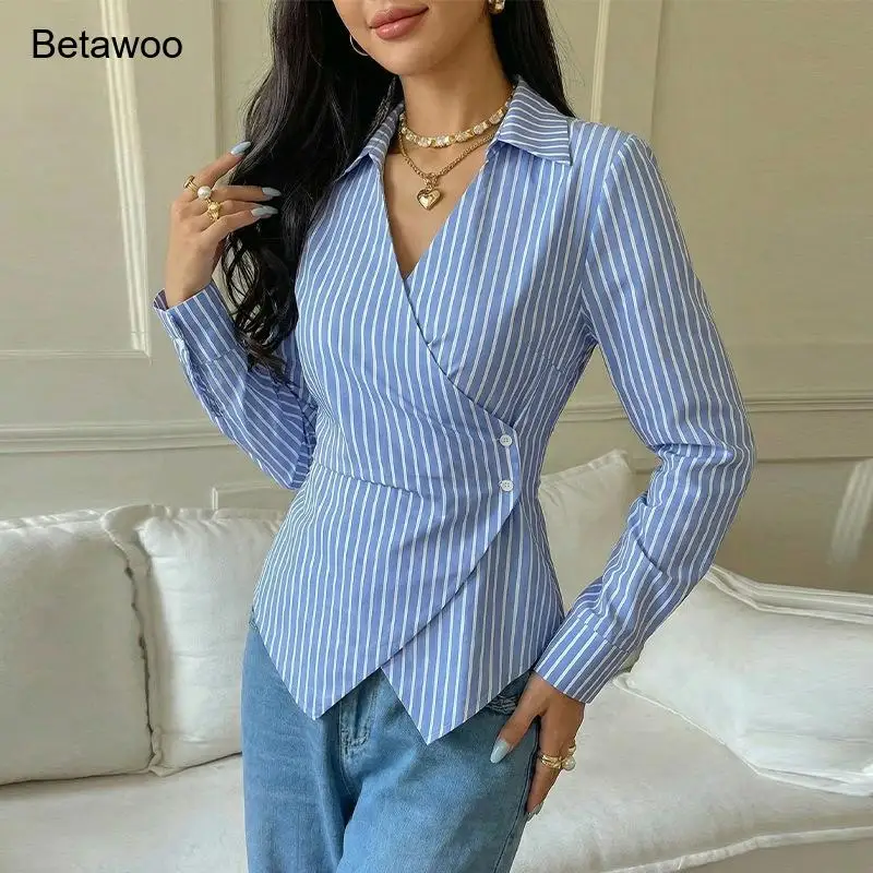 

Women's Striped Button Down Shirt Long Sleeve Asymmetrical Hem Blouse Casual Business Office Tops Chic Fashion Tunic