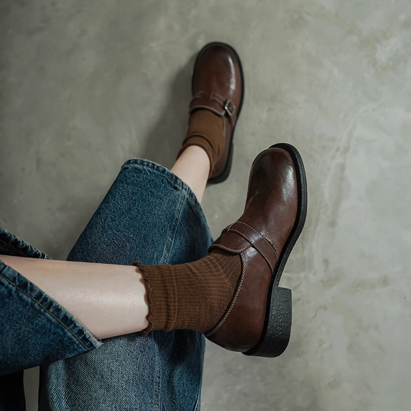New 2026 Autumn Vintage Natural Leather Women's Pumps Round Toe Belt Dec Low Heel Casual Shoes Young Girls Comfort Retro Pumps view 5