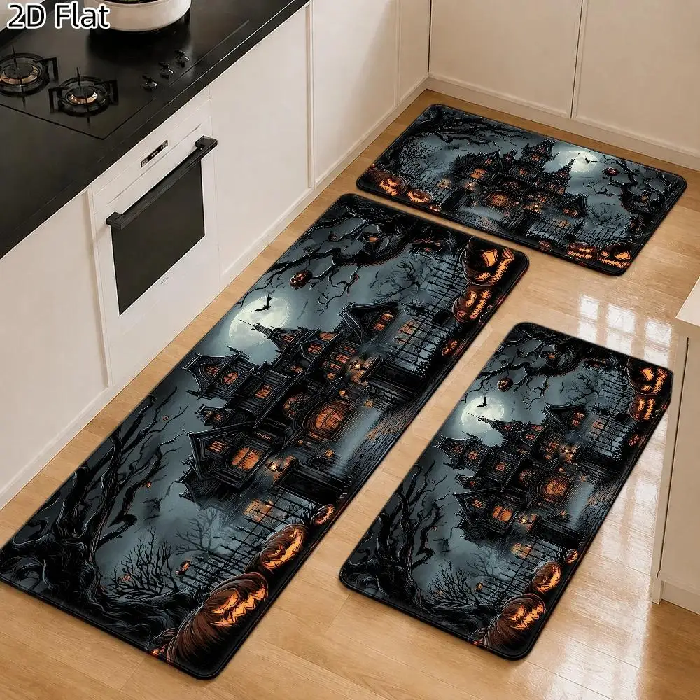 2D Flat Halloween Gothic Haunted Mansion Area Rug, Dark‑fantasy Spooky Seasonal Floor Decor, Easy‑clean Ornament