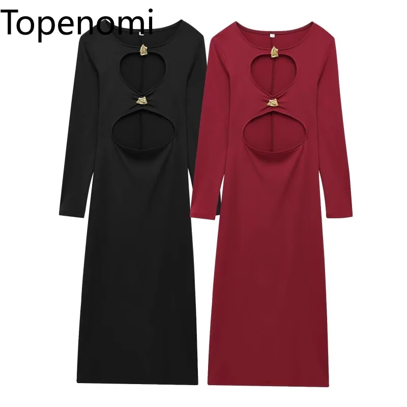 Topenomi Sexy Hollow Out Full Sleeve Party Dress Women Elegant Fashion Slim Fit Waist Hip Evening Long Dresses Robe Spring 2025