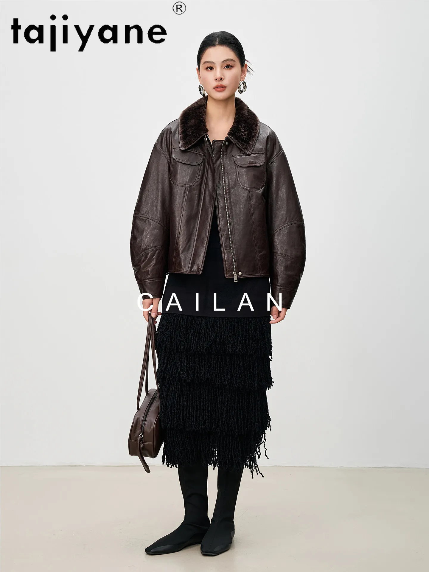 TAJIYANE Giacche Imbottite in Pelle di Pecora 90% Piumino d'Oca Cappotti Corti in Vera Pelle da Donna con Collo in Lana Abbigliamento Invernale 2025