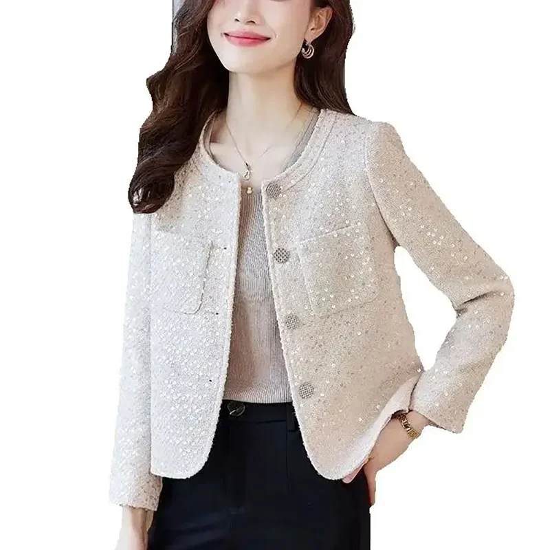 

New Women Small Fragrance Jacket Single Breasted Elegant Cardigan Coat Sequin Long Sleeve Pockets Office Jacket Female Outerwear