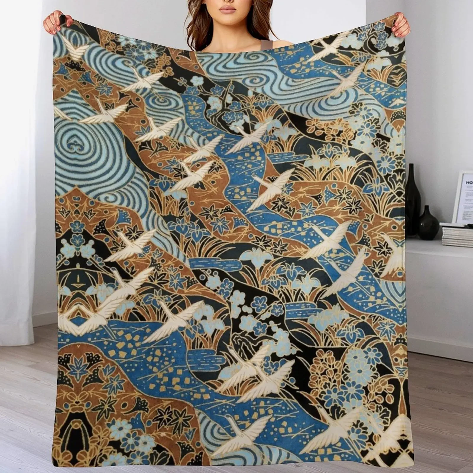 

FLYING WHITE CRANES ON BLUE WATER AND SPRING FLOWERSAntique Japanese Floral Throw Blanket For Decorative Sofa Polar Blankets