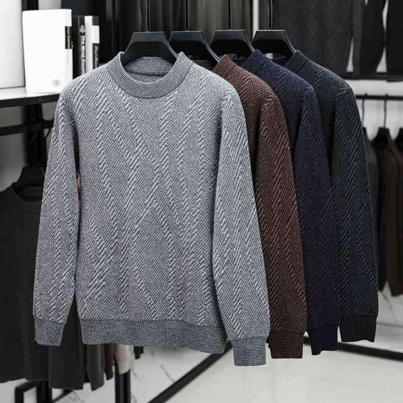 الصوف 100% الرجال الخريف الشتاء الماركات الفاخرة سترة 9 غرز الجاكار الجولة الرقبة طويلة الأكمام تريكو موضة رجل الملابس القمم #6