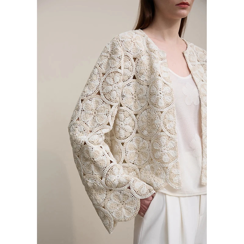 Women's Crochet Jacket - Round Neck Short Cotton Long Sleeve Top