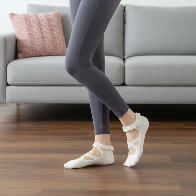 1 par de calcetines de pilates con encaje, calcetines de yoga para mujer estilo princesa, profesionales, sin talón, transpirables, antideslizantes, para ballet y deportes.