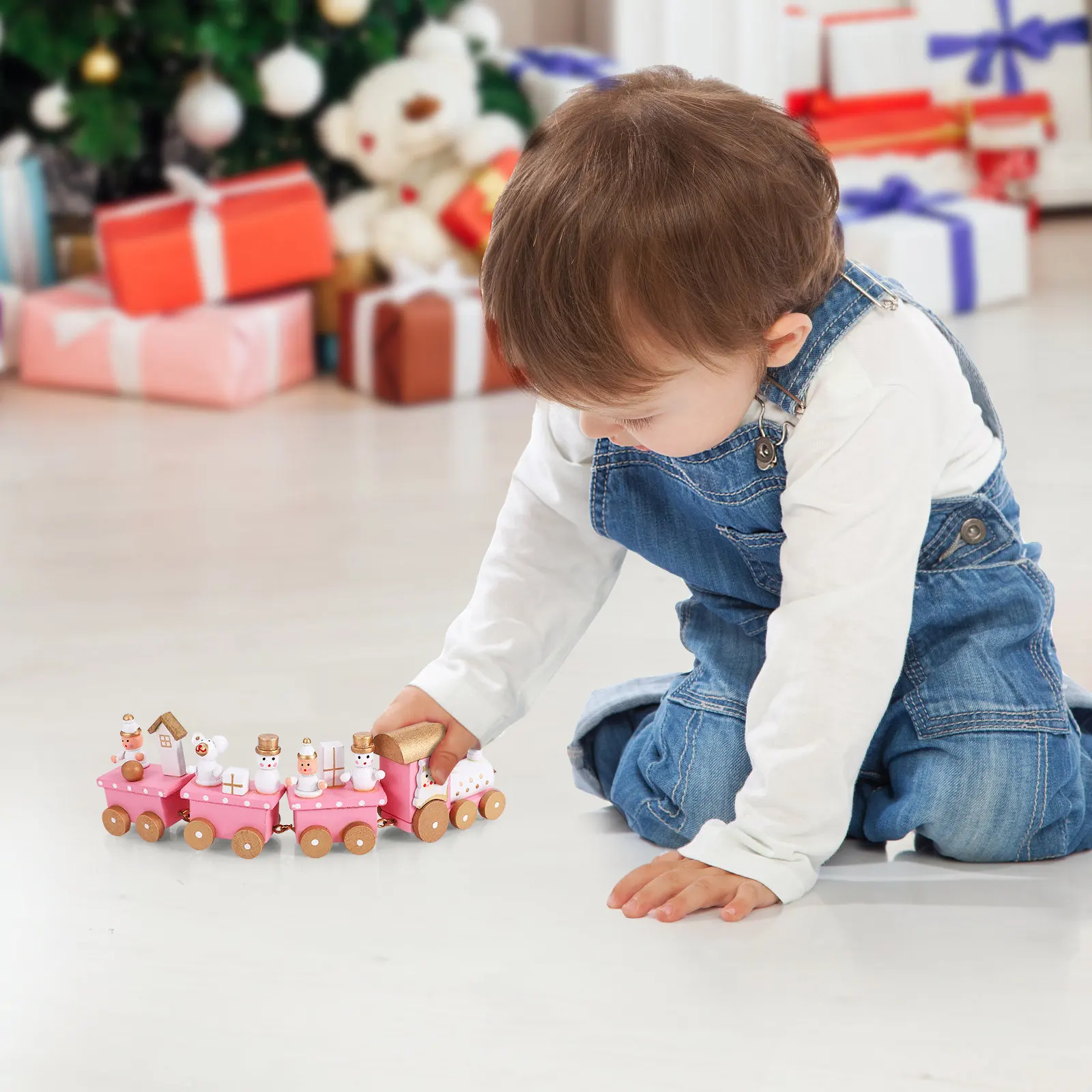 

4 Section Wooden Christmas Train Set Festive Desktop Decor for Living Room Bedroom Holiday Party Kids Play Gift Xmas Train