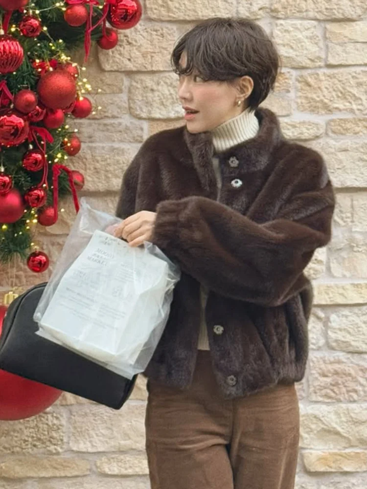 

Solid Women Chic Faux Fur Short Jacket Casual Single Breasted Stand Collar Loose Warm Jackets Lady Winter Daily High Street Coat