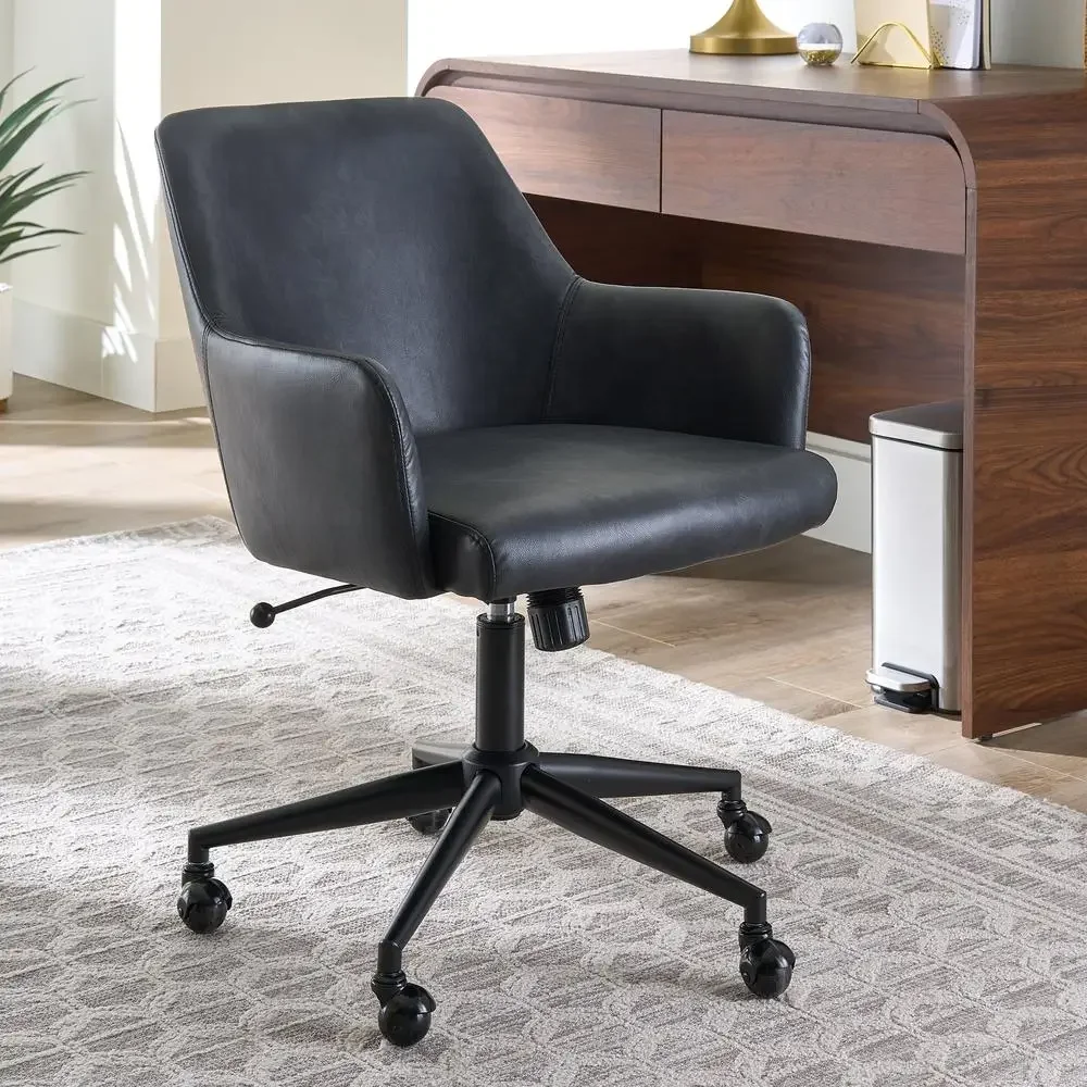 Elegant Black Swivel Office Chair Adjustable Height Faux Leather Comfortable Seat Stability