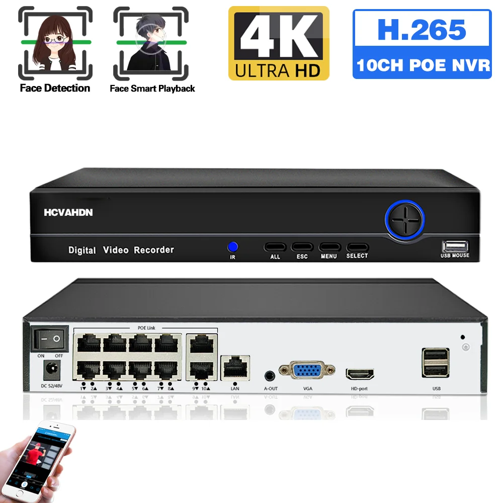 

Сетевой видеорегистратор XMEYE 4K 8MP HD 10CH POE NVR H.265 8-канальный сетевой видеорегистратор P2P CCTV сетевой видеорегистратор 4CH