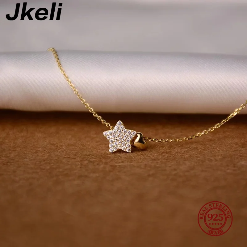 Jkeli Real 925 Sterling Silver Necklace Sweet Star Heart  Pendant 18k Necklace For Women Wedding Statement Fine Jewelry