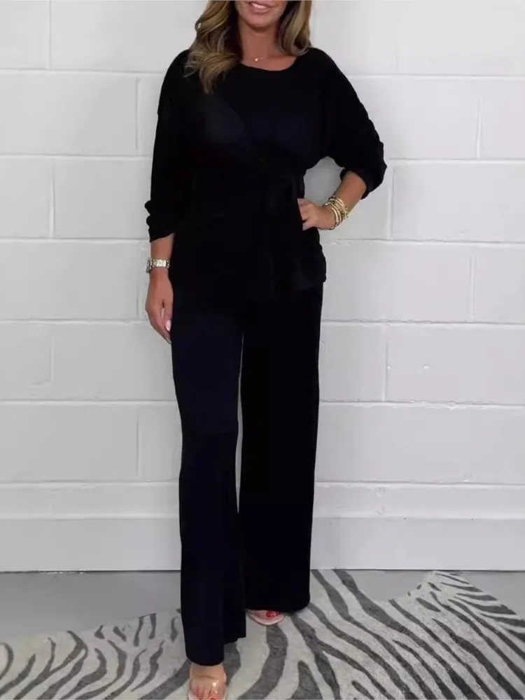 

Autumn Fashion Lace-up Long-sleeved Top Wide-leg Trousers Two-piece Set Women's Simple Solid Color Comfortable Casual Pants Set