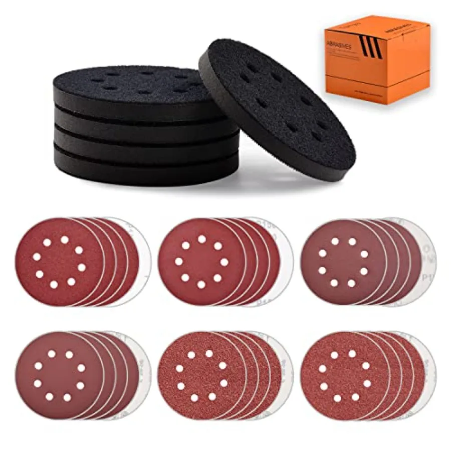 

5 Pcs 5 inch 8 Holes Hook and Loop Backing Sponge Pad Soft Density Interface Pads Buffer Backing Cushion with 30 Pcs 5 inch San