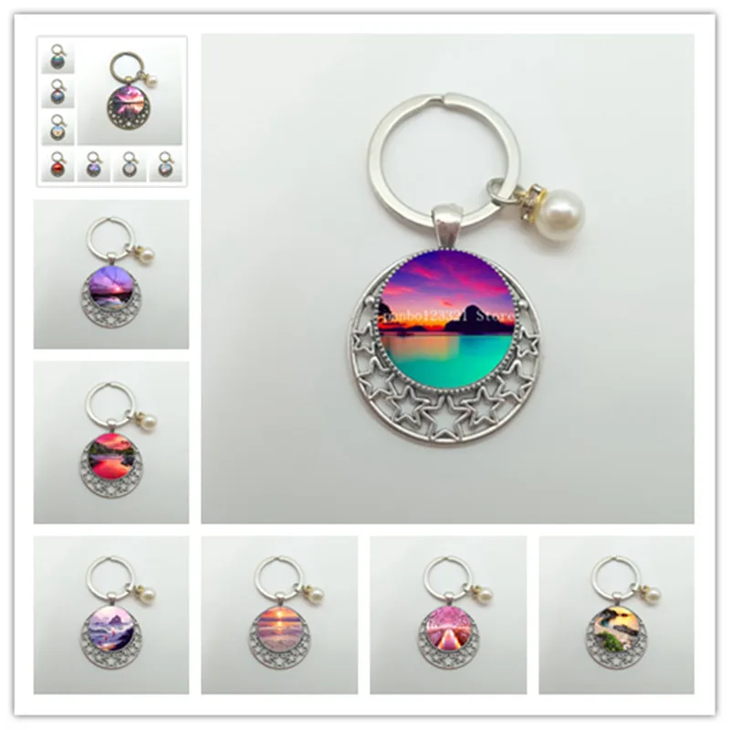 

Beautiful Beach View painting glass keychain ocean landscape charm keychain coconut tree key ring relax travel jewelry gift