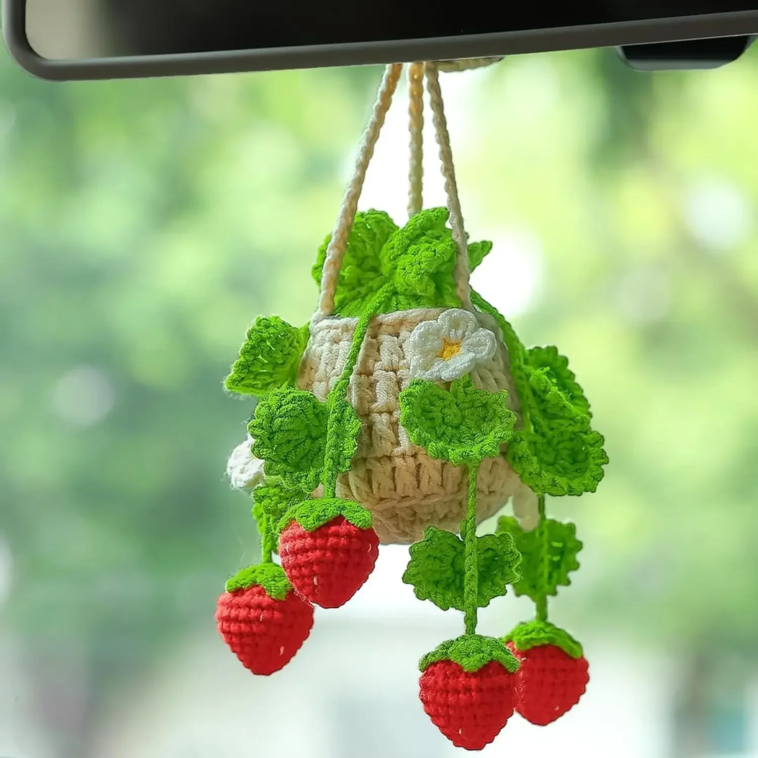 Car Plant Crochet Hanging Basket, Plant Strawberry Hanging Plant for Car Decor, Car Ornaments Charms for Rear View Mirror